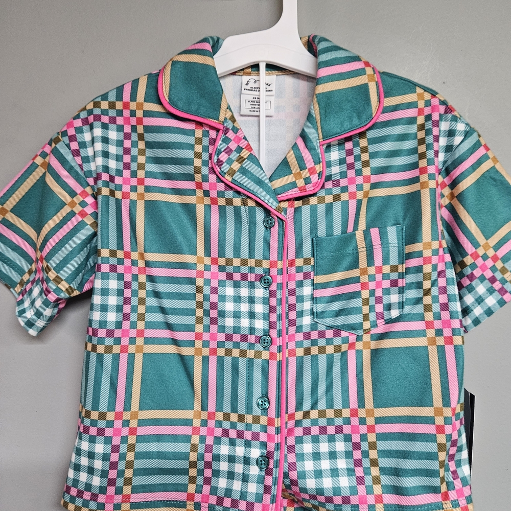 Kids Girls Xs 4/5 Fleece Pajama Set Checkered- Green & Pink Short Sleeve Shorts - Picture 2 of 7